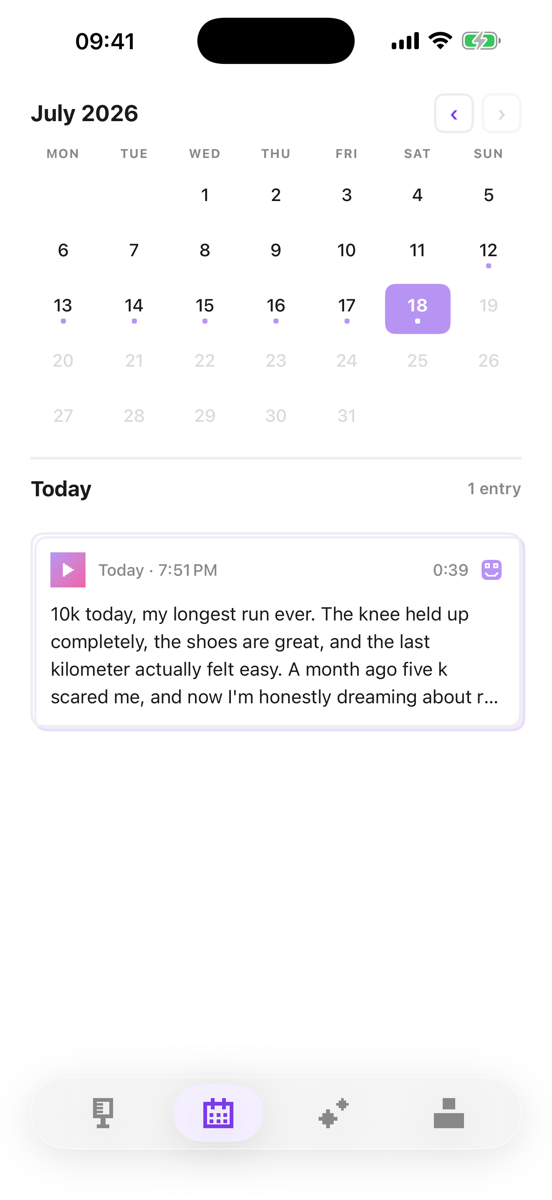 Diary entries organized in a month calendar in Dieme